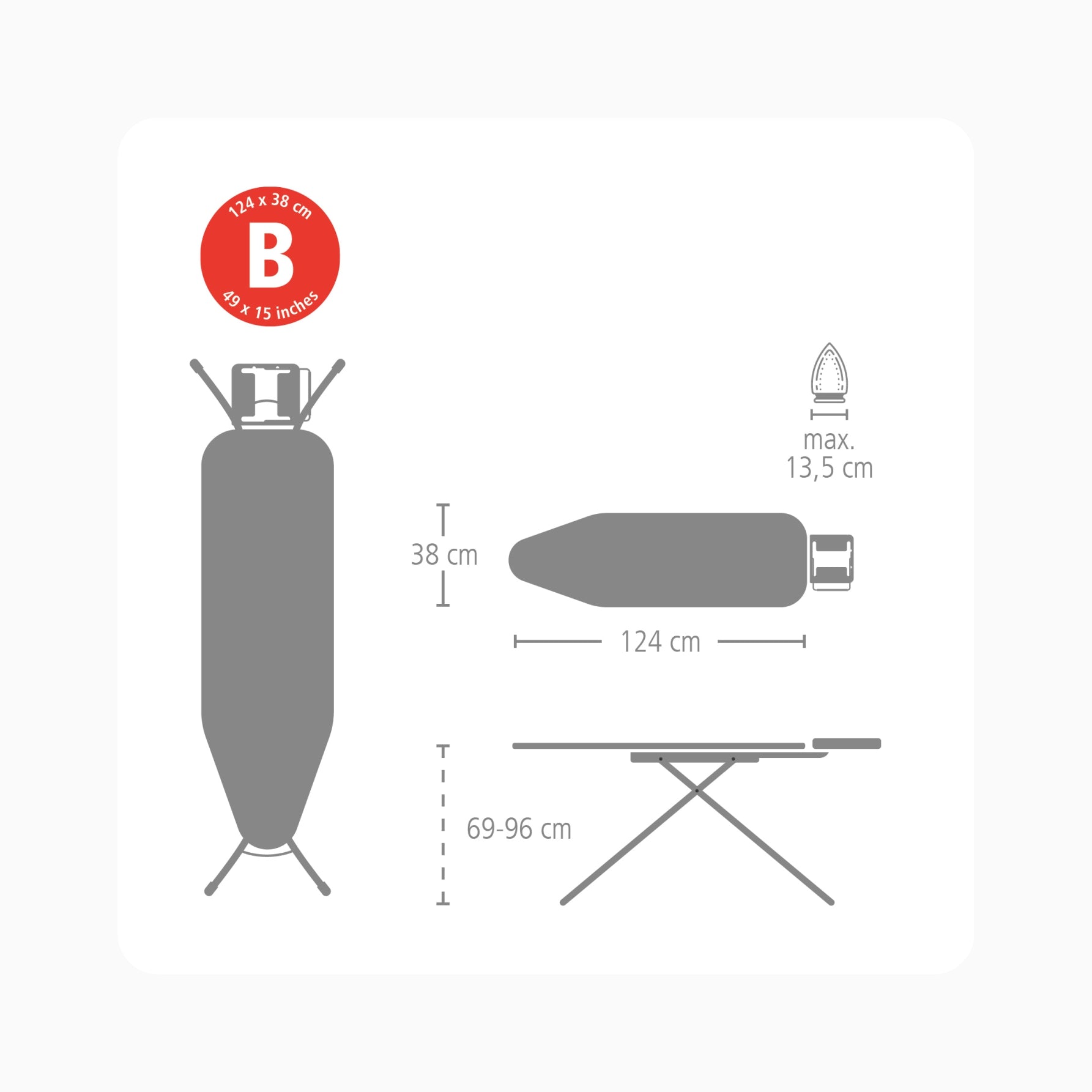 Spesifikasi Brabantia Ironing Board B ukuran 124x38 cm, tinggi dapat diatur 69–96 cm