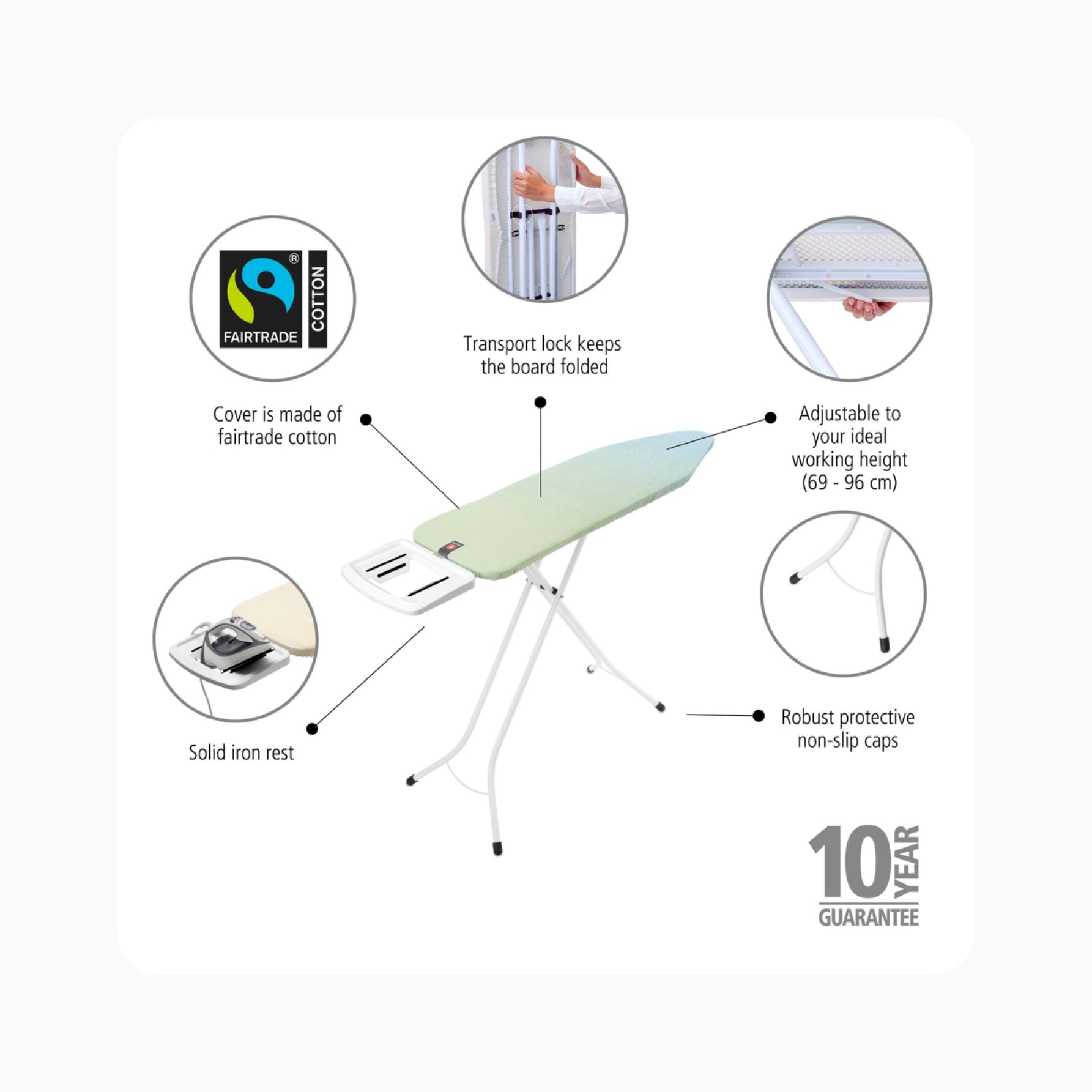 Fitur Brabantia Ironing Board B: sertifikasi Fairtrade, Cradle-to-Cradle, garansi resmi 10 tahun Higienis Indonesia