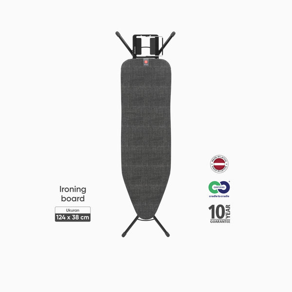 Brabantia Ironing Board B 124x38 cm Denim Black dengan rangka baja hitam 4 kaki dan steam iron rest
